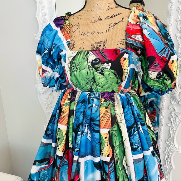 New York Couture Reworked Handmade Marvel Hulk Smash Puff Sleeve Dress - Picture 5 of 6